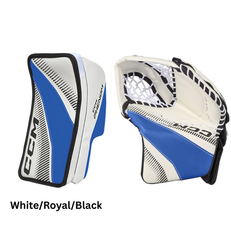 CCM Youth Phenom Hockey Goalie Trapper+Blocker Set White/Royal/Black
