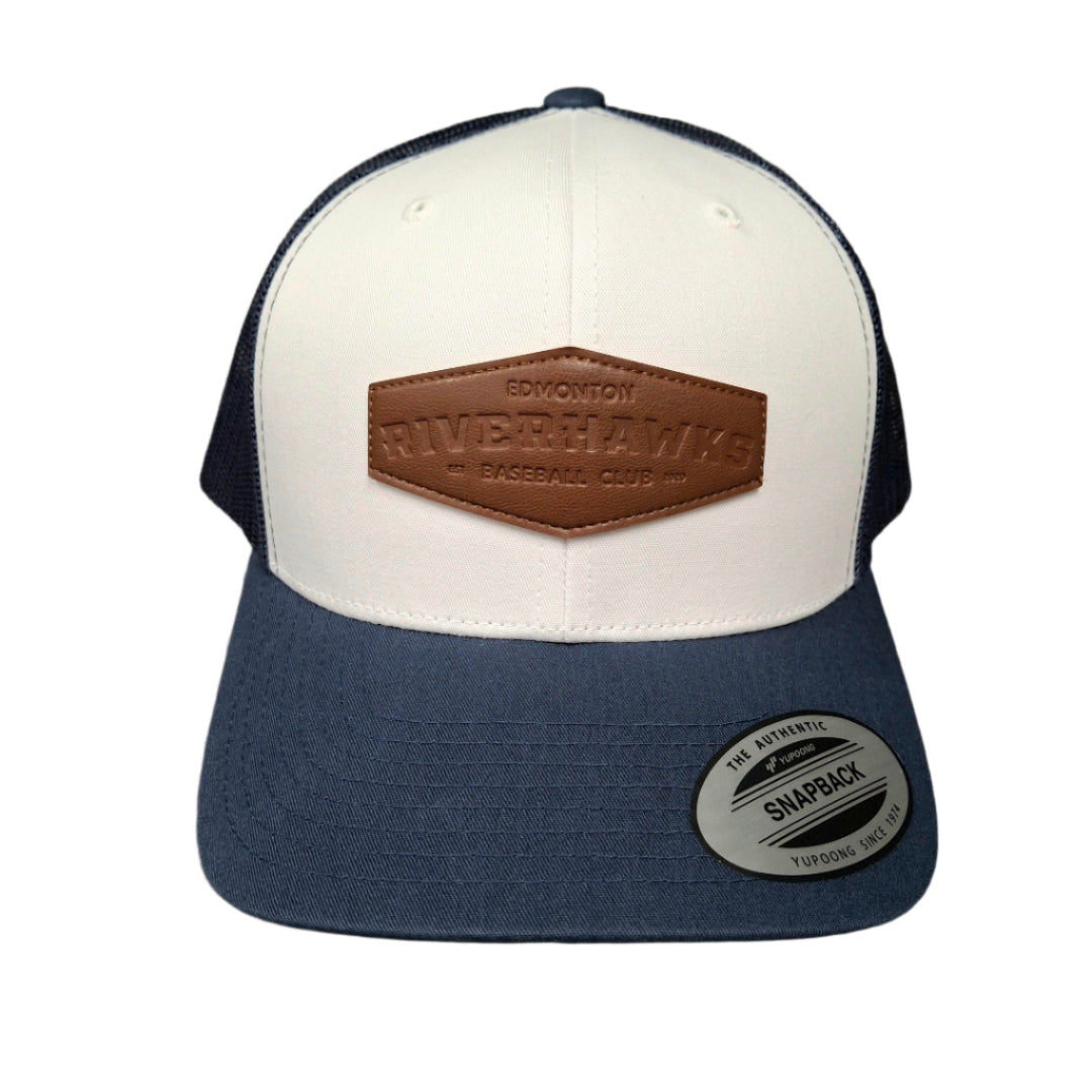 Edmonton Riverhawks Men's Leather Patch Trucker Hat Navy/White
