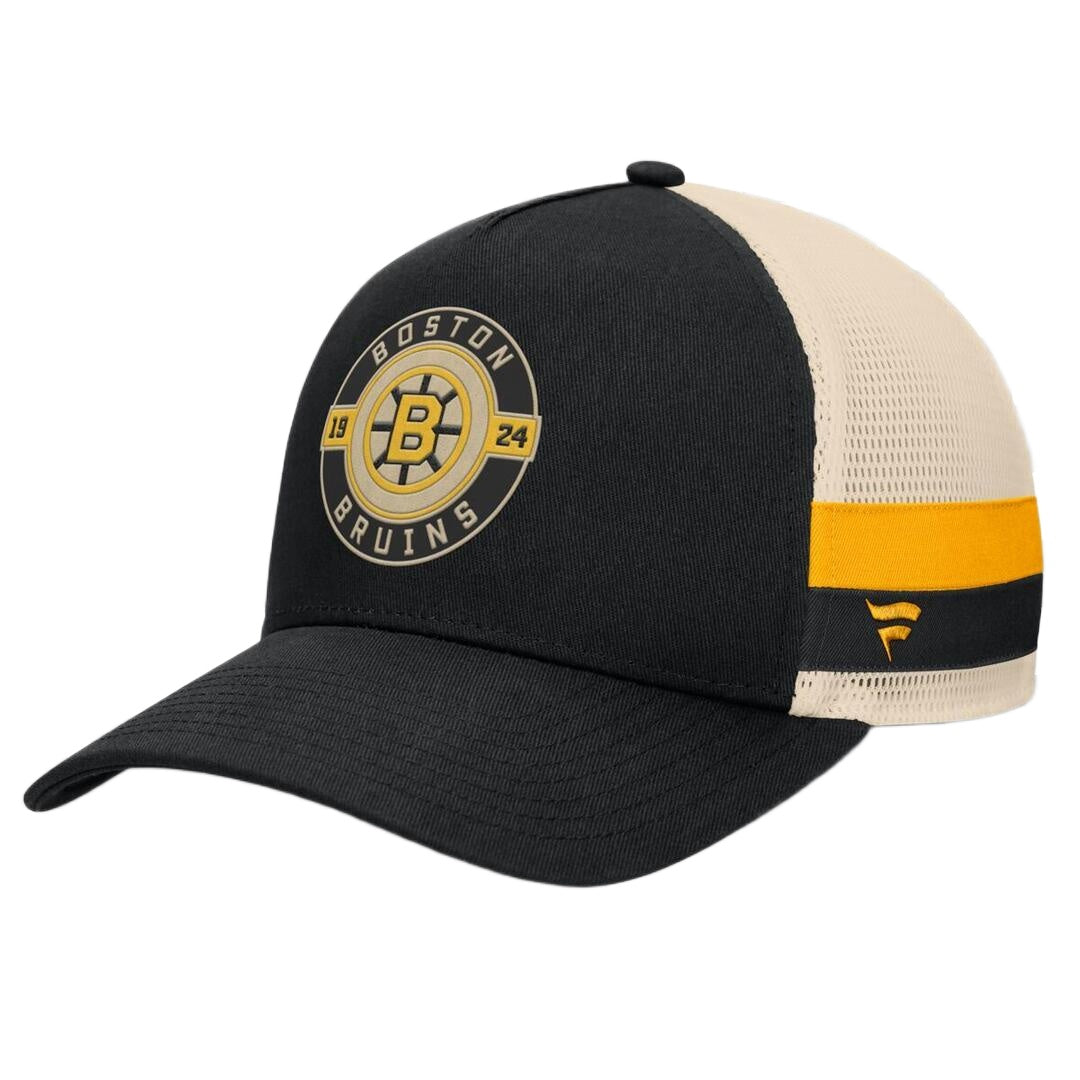 Casquette ajustable de camionneur authentique Pro On Stage Fanatics des Bruins de Boston pour hommes, noir/blanc, repêchage de la LNH 2022