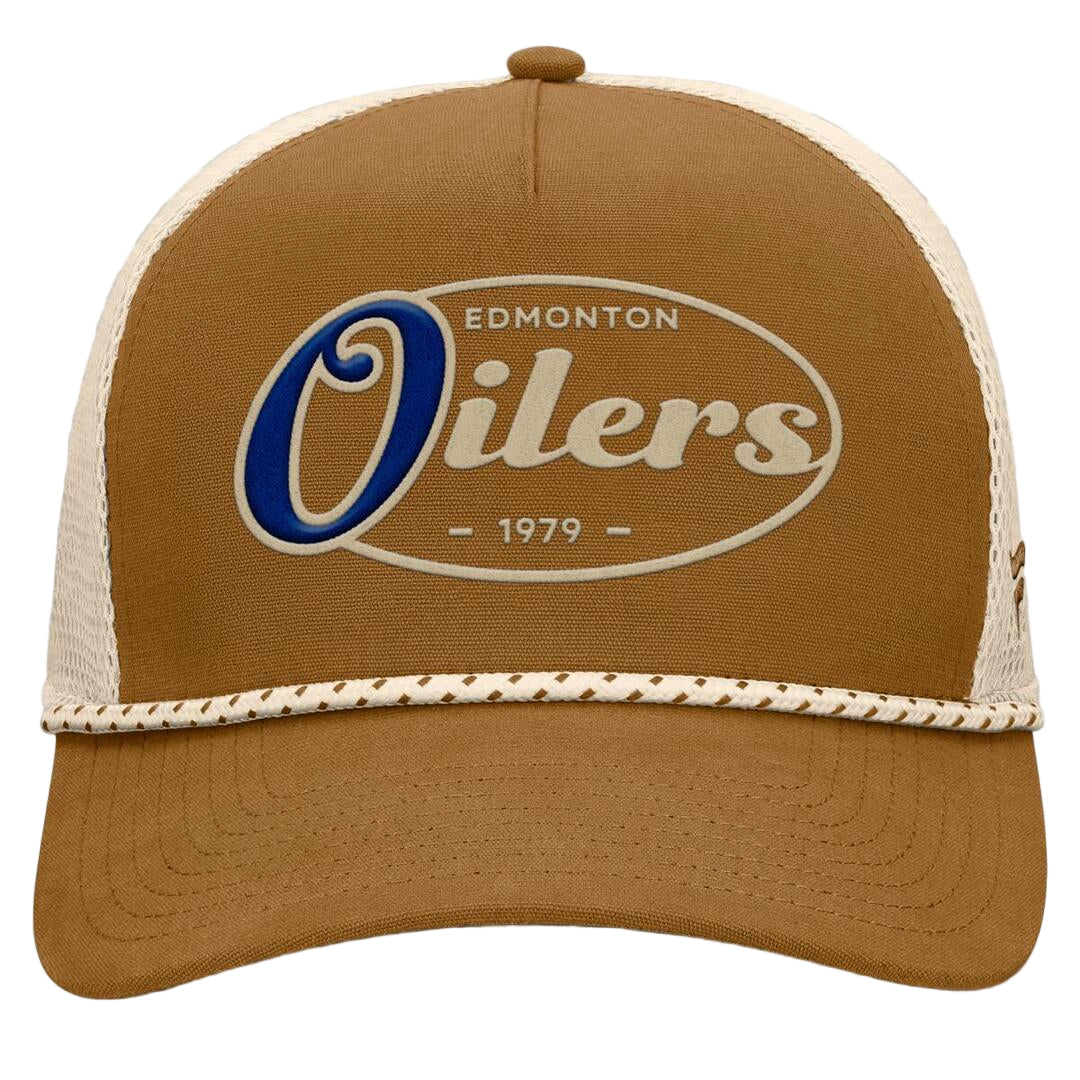 Fanatics Men's NHL Edmonton Oilers 2025 Fetch Pinch Panel A-Frame Hat Brown/Cream brown cream