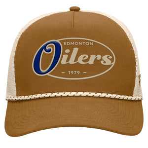 Fanatics Men's NHL Edmonton Oilers 2025 Fetch Pinch Panel A-Frame Hat Brown/Cream brown cream