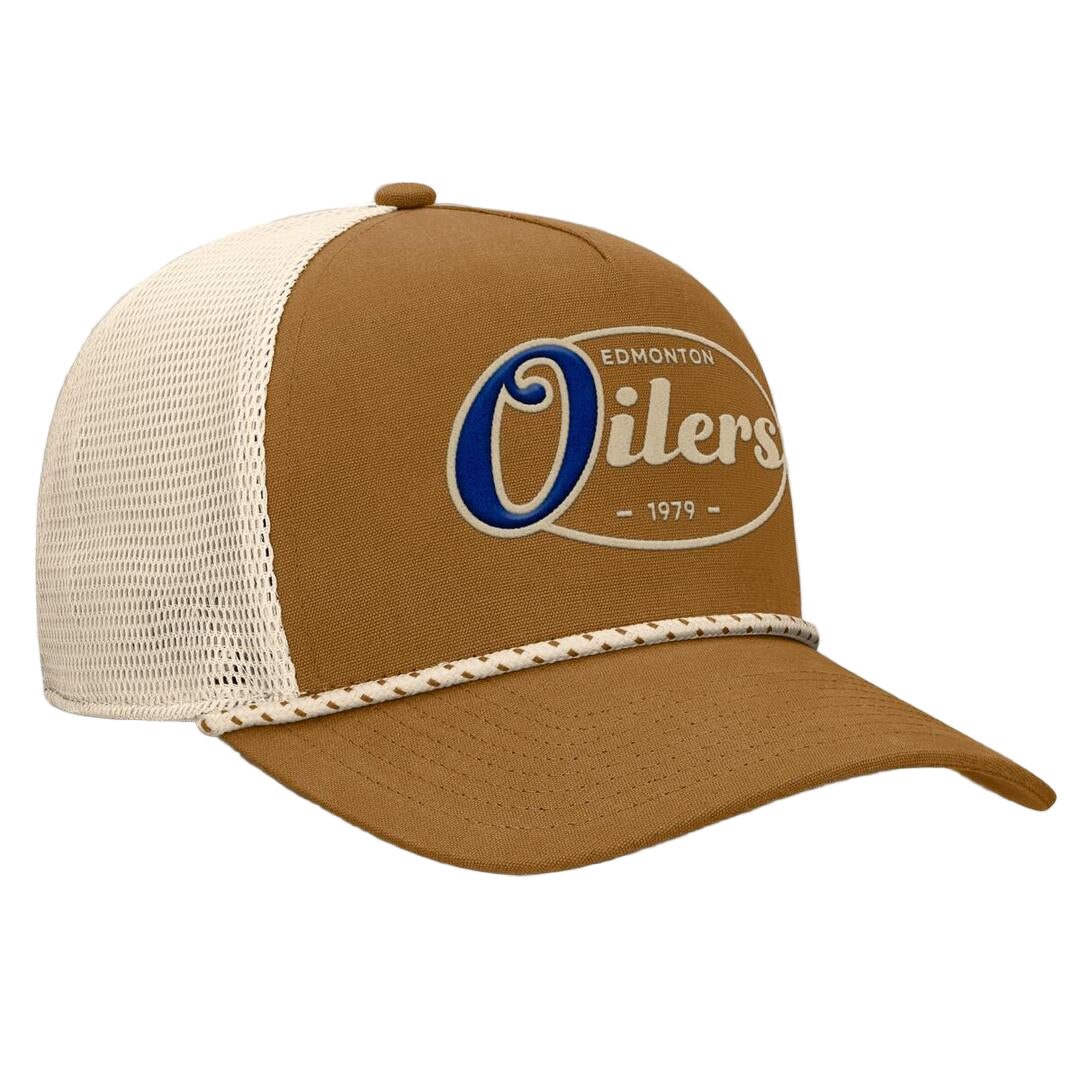 Fanatics Men's NHL Edmonton Oilers 2025 Fetch Pinch Panel A-Frame Hat Brown/Cream brown cream