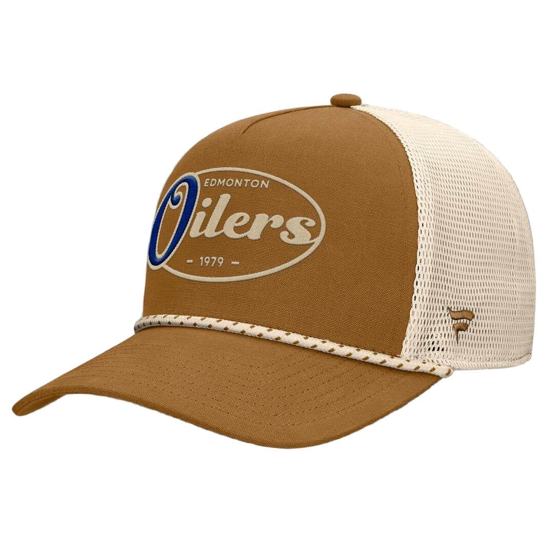 Fanatics Men's NHL Edmonton Oilers 2025 Fetch Pinch Panel A-Frame Hat Brown/Cream brown cream