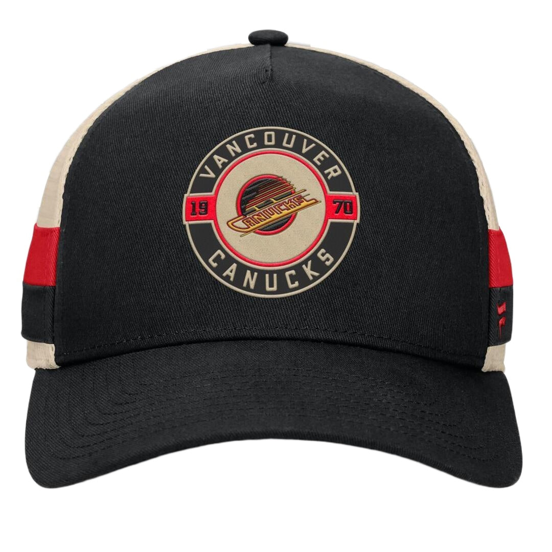 Fanatics Men's NHL Vancouver Canucks 2025 Prestige 5 Panel A-Frame Hat Black/Cream