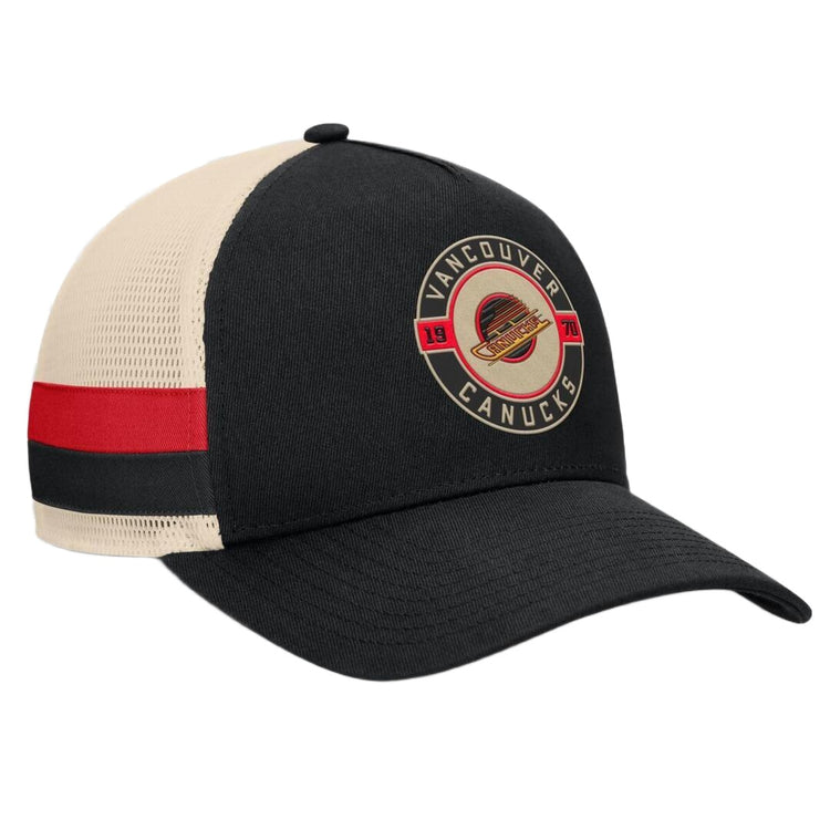 Fanatics Men's NHL Vancouver Canucks 2025 Prestige 5 Panel A-Frame Hat Black/Cream