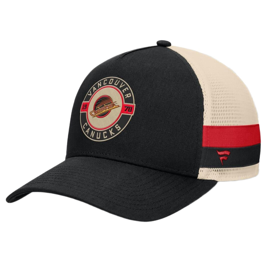 Fanatics Men's NHL Vancouver Canucks 2025 Prestige 5 Panel A-Frame Hat Black/Cream