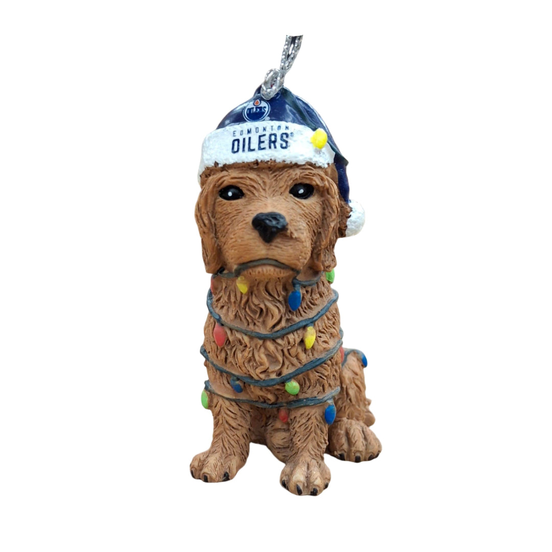 FOCO NHL Edmonton Oilers Dog with Lights Ornament brown blue