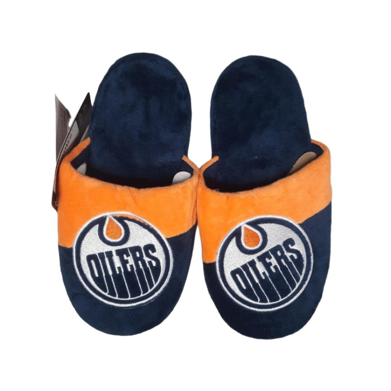 FOCO Youth NHL Edmonton Oilers Big Logo Slippers Blue Orange