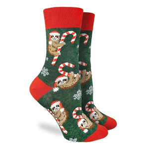 Good Luck Sock Women's Christmas Socks Candy Cane Sloths Green