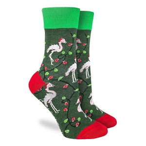 Good Luck Sock Women's Christmas Socks Flamingos Green