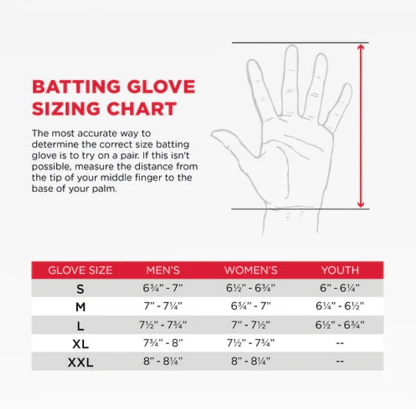 Marucci Youth GXR Batting Gloves sizing chart