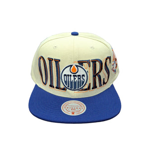 Mitchell & Ness Men's NHL Edmonton Oilers Across The Board Flatbrim Snapback Hat Cream/Blue