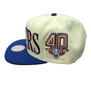 Mitchell & Ness Men's NHL Edmonton Oilers Across The Board Flatbrim Snapback Hat Cream/Blue