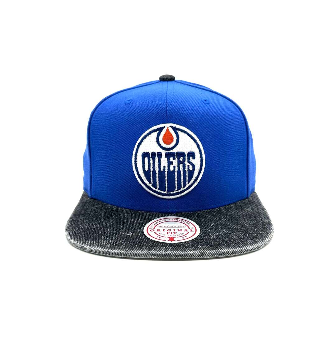 Mitchell &amp; Ness Men's NHL Edmonton Oilers Denim Patchwork Flatbrim Snapback Hat Blue/dark grey