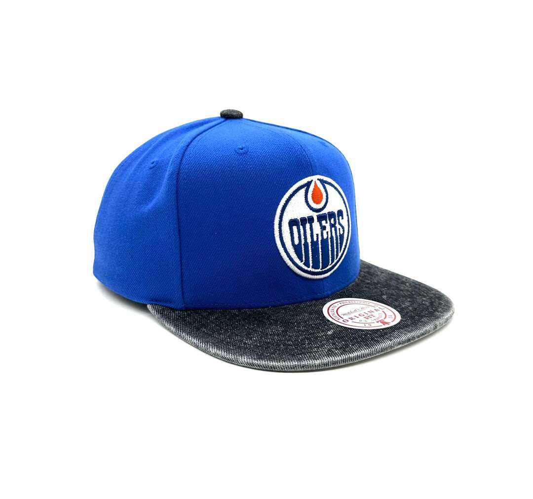 Mitchell &amp; Ness Men's NHL Edmonton Oilers Denim Patchwork Flatbrim Snapback Hat Blue/dark grey