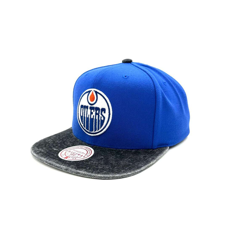Mitchell &amp; Ness Men's NHL Edmonton Oilers Denim Patchwork Flatbrim Snapback Hat Blue/dark grey