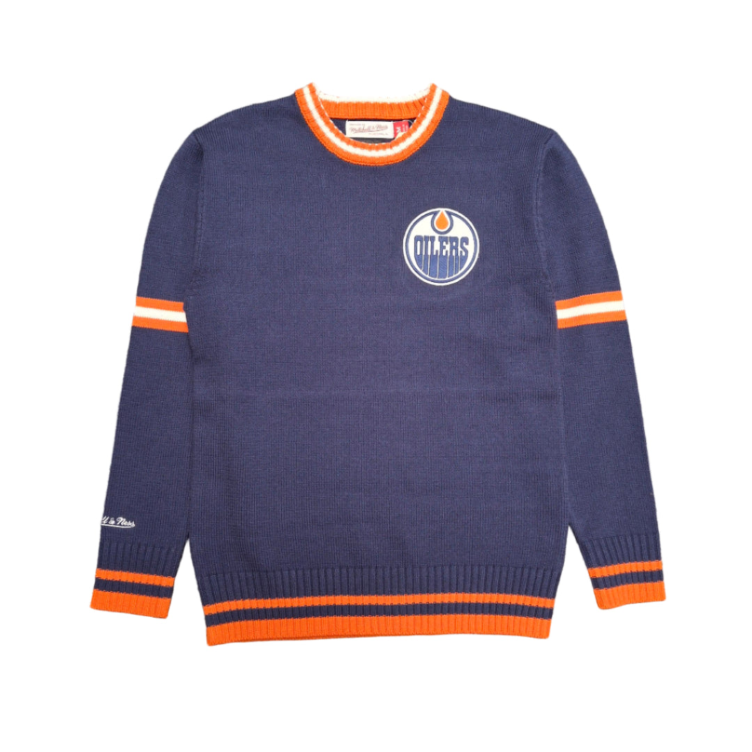 Mitchell & Ness Men's NHL Edmonton Oilers Right Stripes Knit Sweater blue