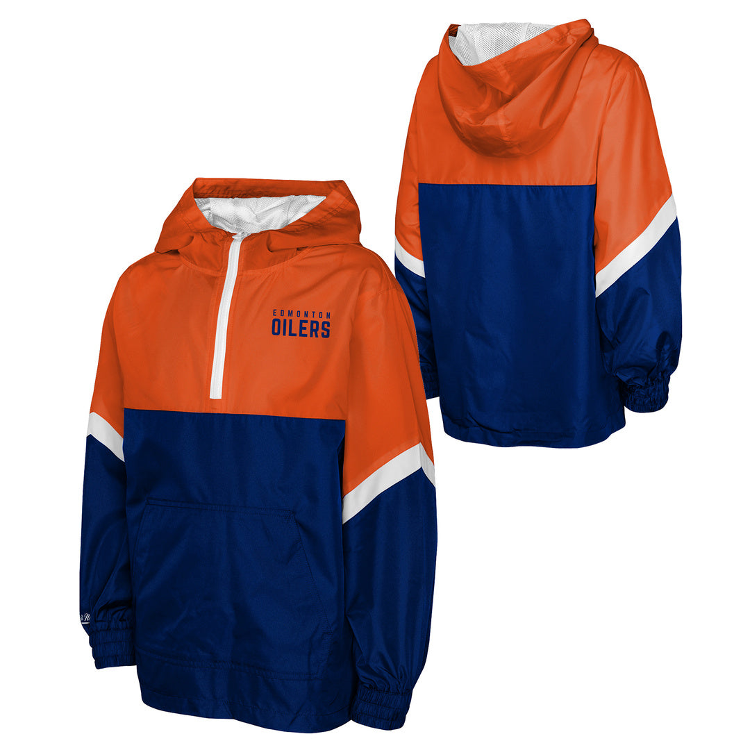 Mitchell &amp; Ness Youth NHL Edmonton Oilers Lightweight Anorack Jacket half zip 1/2 zip blue orange