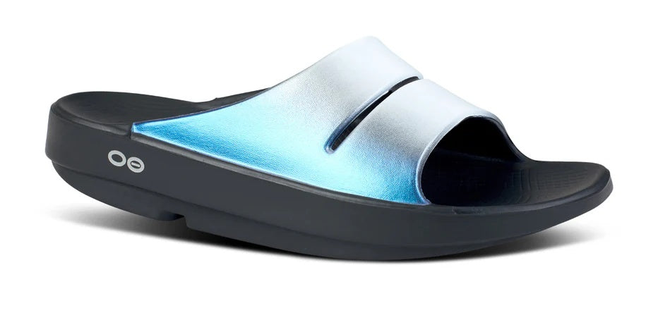 OOFOS Women's OOahh Luxe Slide Sandals Frost blue silver