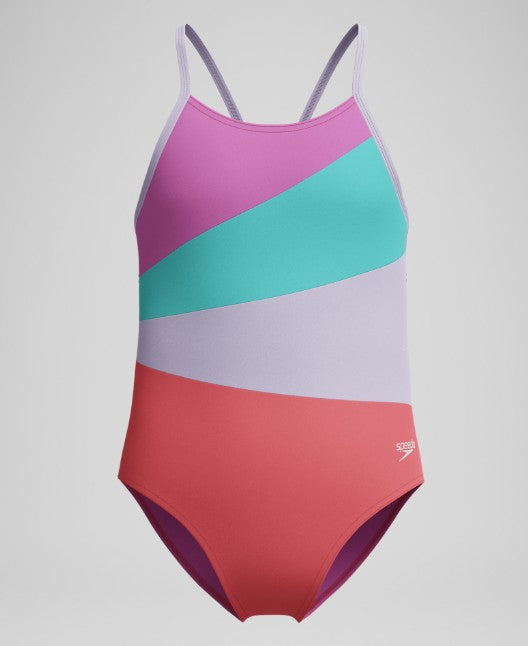 Speedo Girls Radiating Splice One Piece Swimsuit Coral Sands