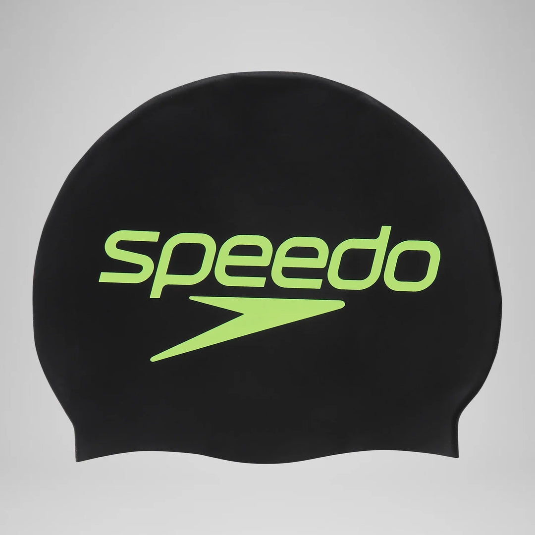 Speedo Slogan Printed Silicone Swim Cap Black Stacked Logo