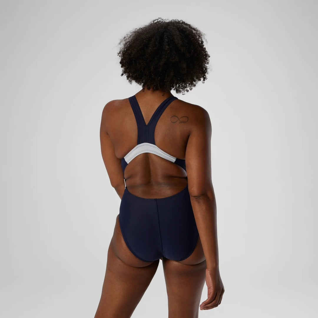 Speedo Women's Quantum Fusion Splice One Piece Swimsuit Navy/White