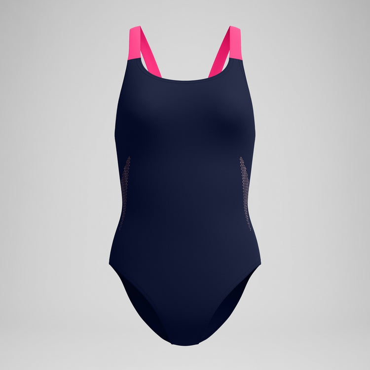 Speedo Women's Solid Boom Leaderback One Piece Swimsuit Peacoat/ Margarita Pink
