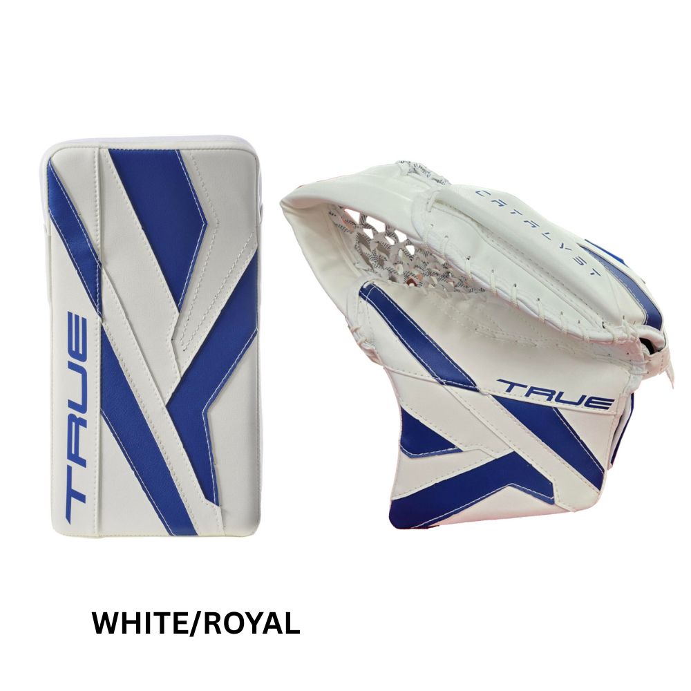 True Intermediate Catalyst 7X6 Hockey Goalie Trapper + Blocker White/Royal