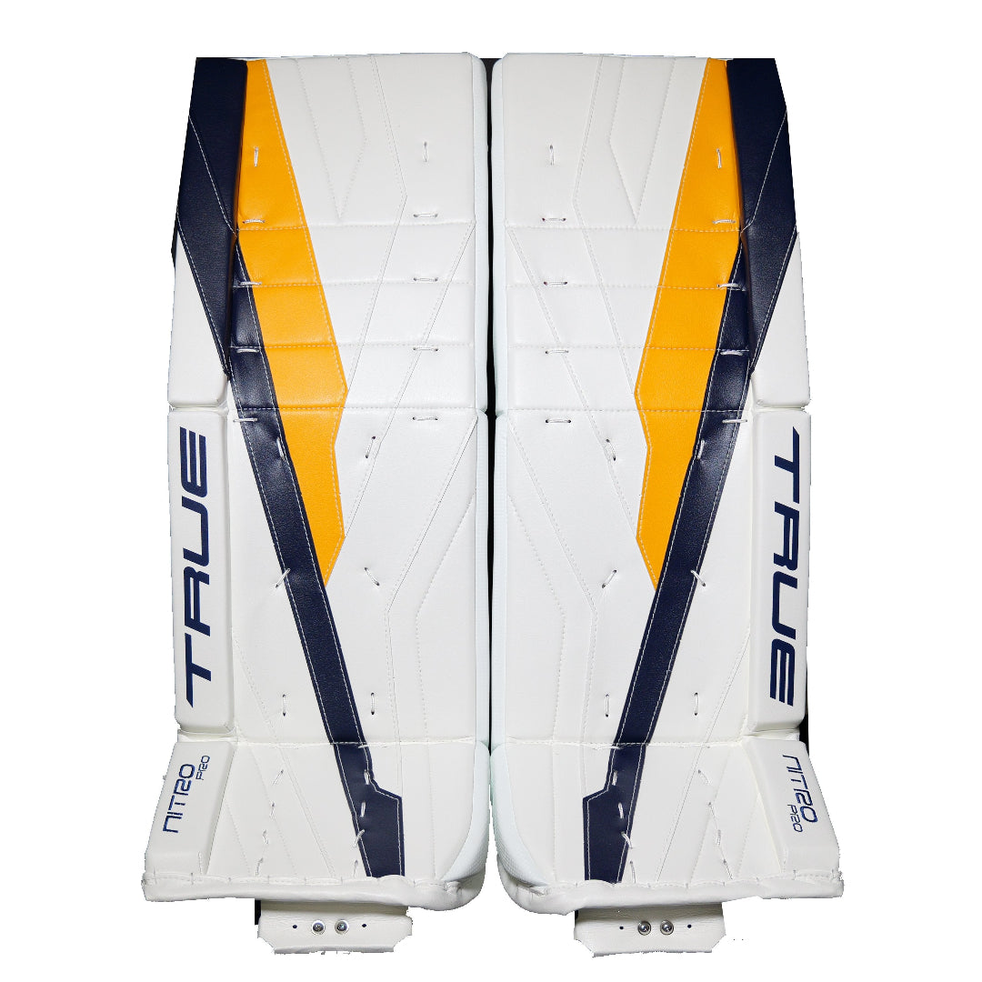 True Senior Catalyst Nitro Pro Hockey Goalie Pad White/Navy/Sport Gold