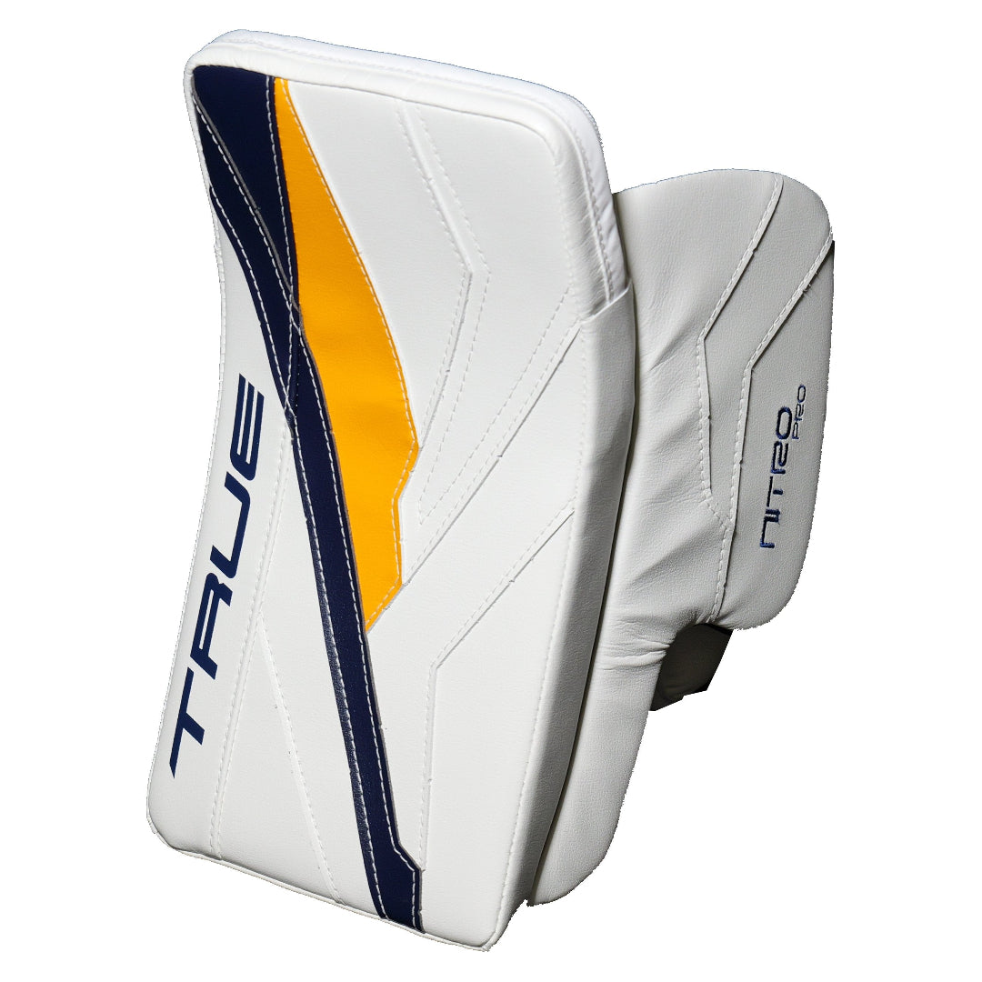 True Senior Catalyst Nitro Pro Hockey Goalie Blocker White/Navy/Sport Gold