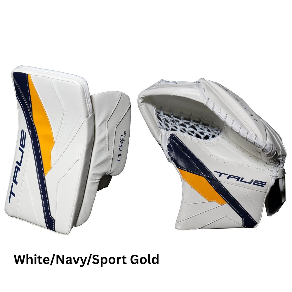 True Senior Catalyst Nitro Pro Hockey Goalie Trapper+Blocker White/Navy/Sport Gold