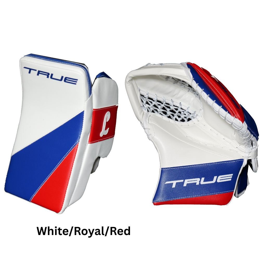 True Senior HZRDUS PX4-L95 Hockey Goalie Trapper + Blocker White/Royal/Red