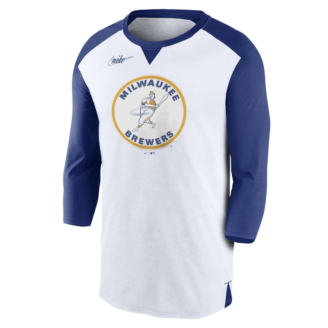 Shop Nike Men's MLB Milwaukee Brewers Rewind 3/4 Triblend T-Shirt White/Blue Edmonton Canada Store