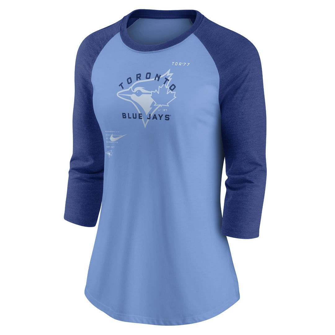 Shop Nike Women's MLB Toronto Blue Jays Triblend 3/4 Raglan T-Shirt Powder/Blue Edmonton Canada Store