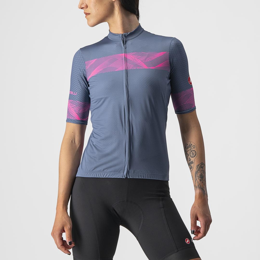 Shop Castelli Women's Fenice Short Sleeve Cycling Bike Jersey Light Steel Blue/Pink Fluo Edmonton Canada Store