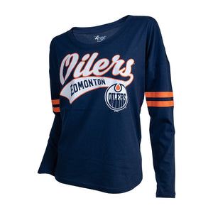 Shop GIII Women's NHL Edmonton Oilers Striped Sleeve L/S Shirt Edmonton Canada Store