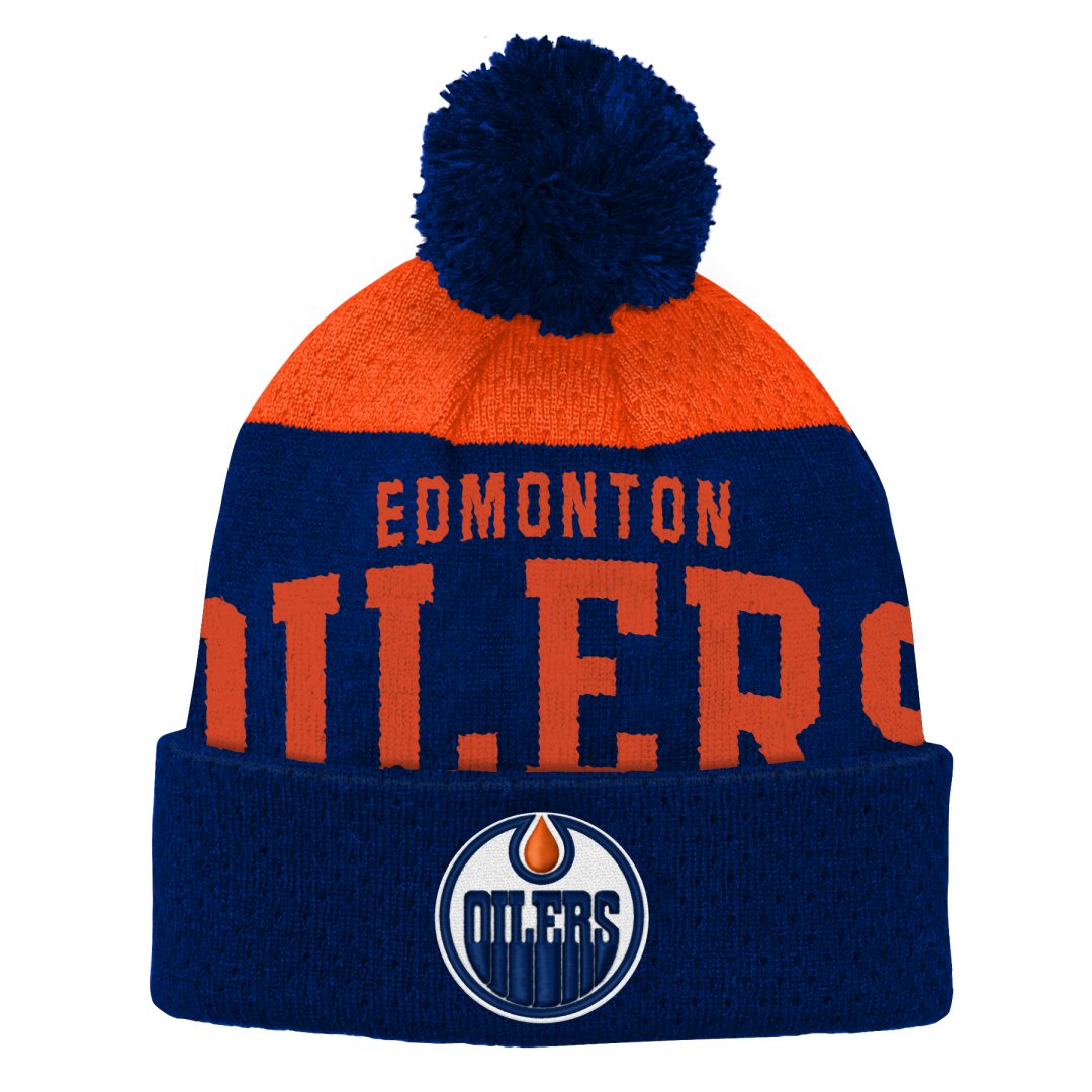 Shop NHL Branded Youth Edmonton Oilers Stretchmark Cuffed Pom Knit Edmonton Canada Store