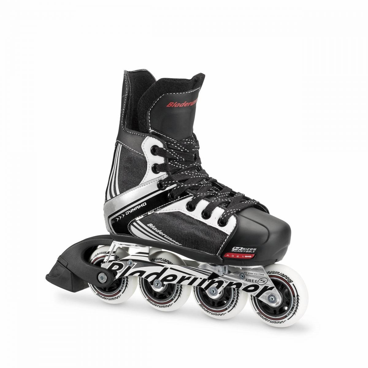 Shop Rollerblade's Junior Dynamo Inline Recreational Skate, Adjustable Kids Roller Blade. The roller blade is black with white and silver detailing.