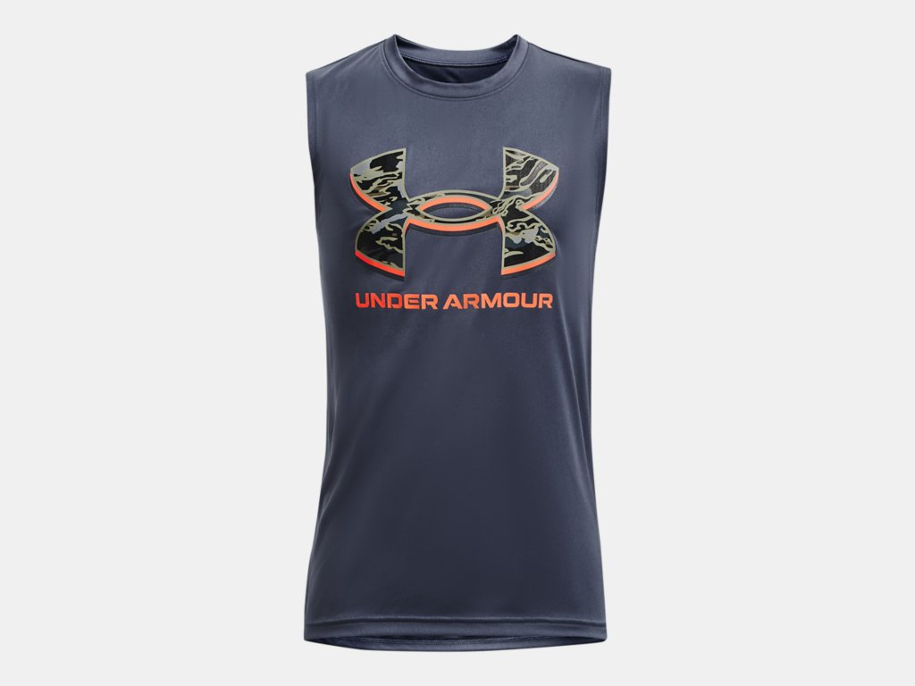 Shop Under Armour Youth Tech Graphic Muscle Tank Blue/Lime Edmonton Canada Store