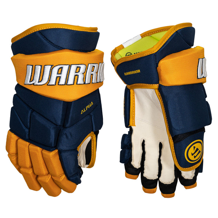 Shop Warrior Senior Alpha Pro Hockey Player Gloves Navy/Gold Edmonton Canada Store