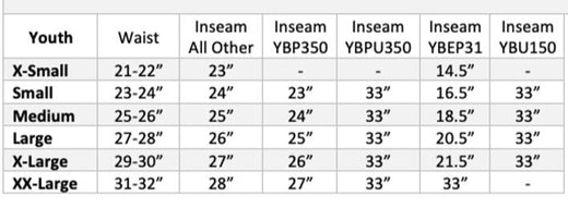 Rawlings Youth Pant Size Chart